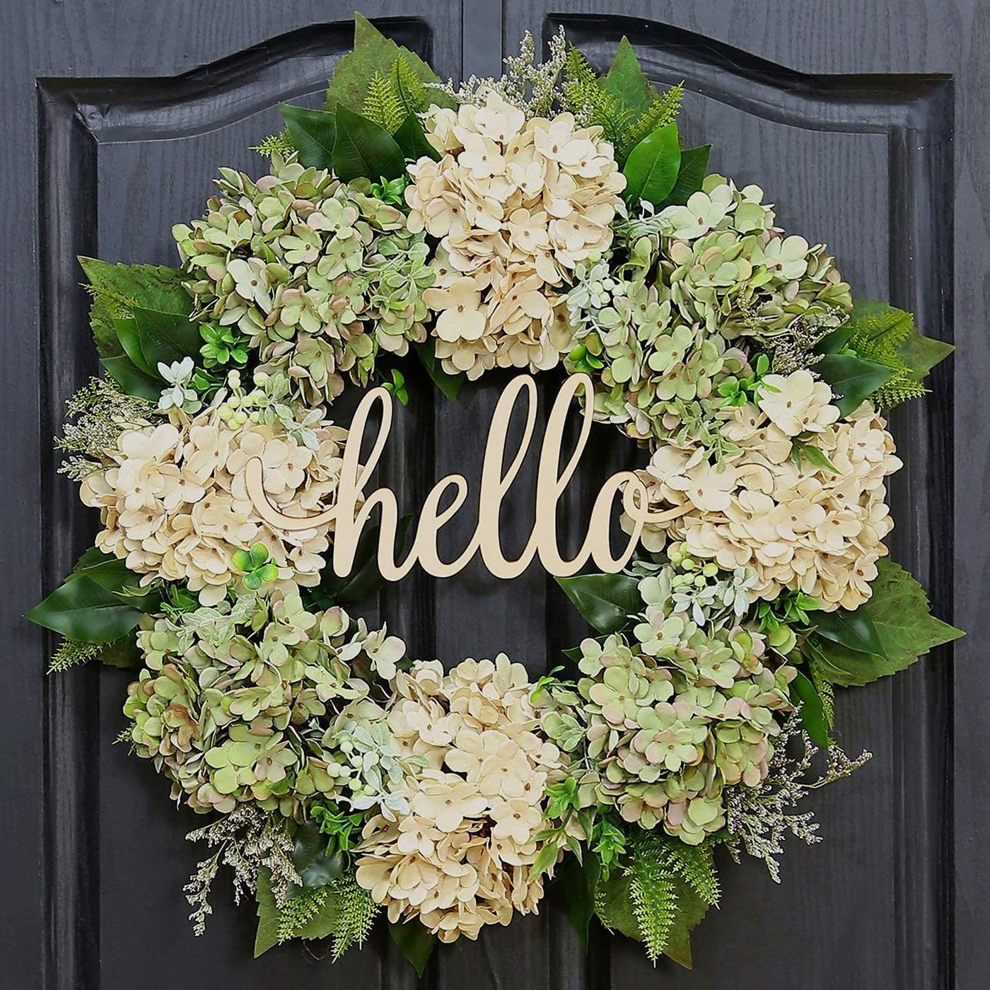 Corona floral para puerta Hello